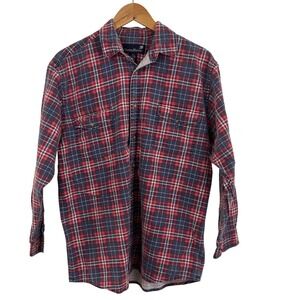 Stanley Blacker Mens Linen Cotton Plaid Button Down Shirt Red Blue Medium Rustic
